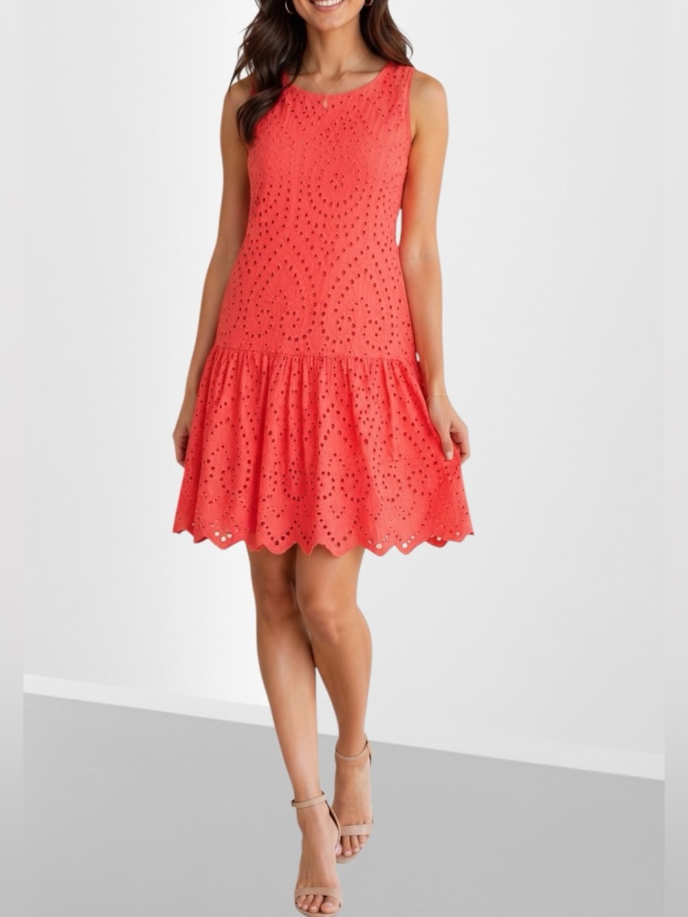 Valentina Naldi Italy Coral Eyelet Lace Sleeveless Drop Waist Mini Dress Size M